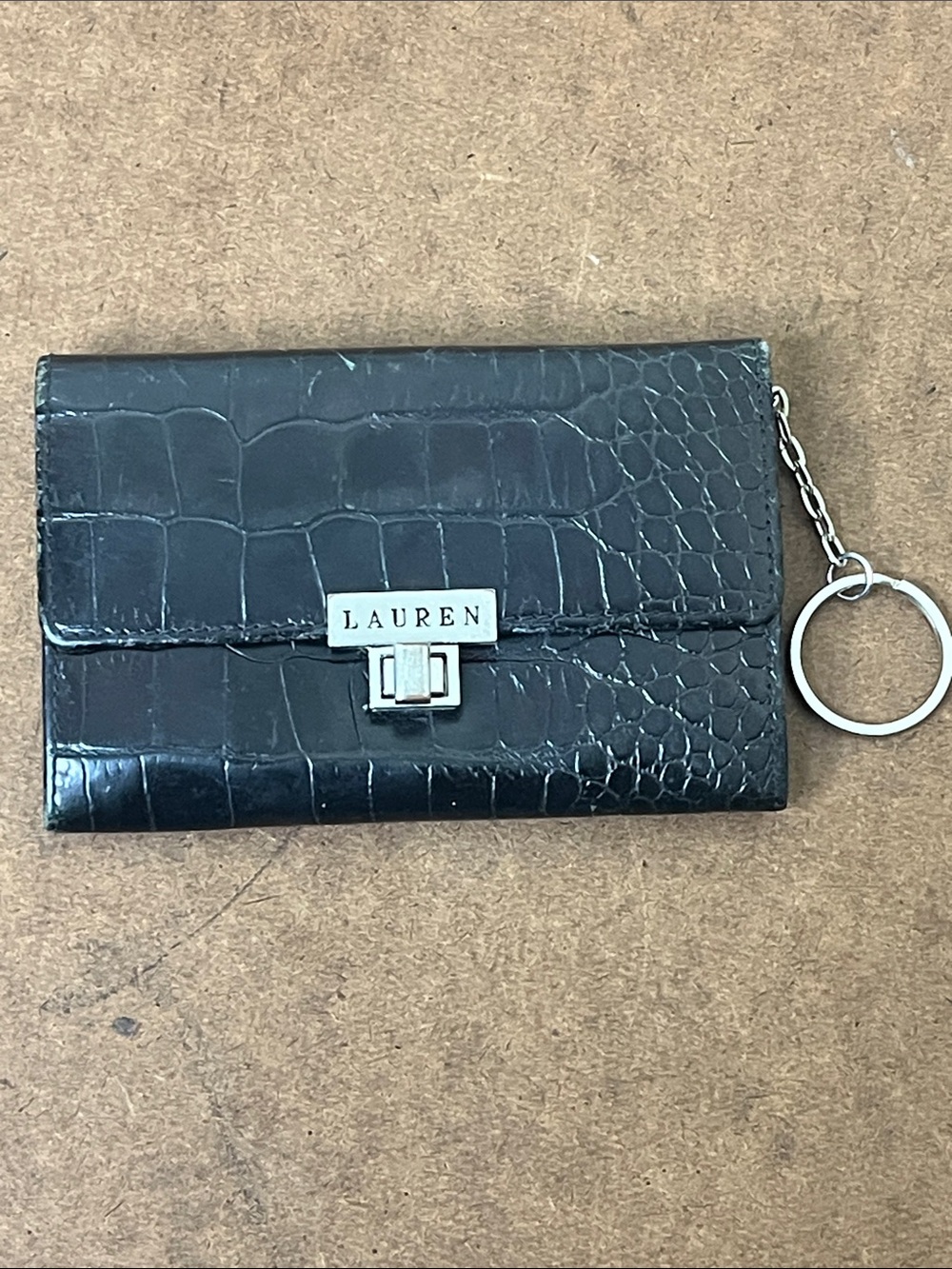 Vintage Lauren Ralph Lauren Black Croc- Embossed Leather Bifold Turnlock Wallet